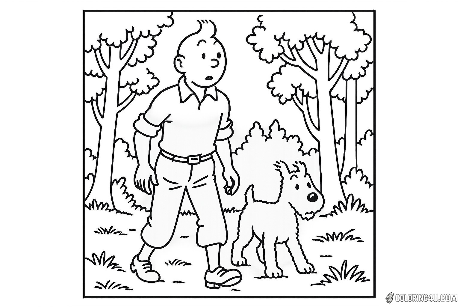 In this charming scene, Tintin and his loyal dog Snowy explore a peaceful forest clearing. Surrounded by tall trees and lush greenery, Tintin looks curious and alert, while Snowy trots happily beside him. This coloring page invites kids to bring the adventure to life with vibrant colors, capturing the spirit of exploration and friendship.