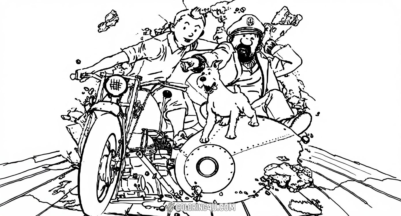 Join Tintin, Captain Haddock, and Snowy on a thrilling motorcycle adventure bursting through a wall! This scene from 'The Adventures of Tintin: The Secret of the Unicorn' invites kids to color action-packed fun and excitement.
