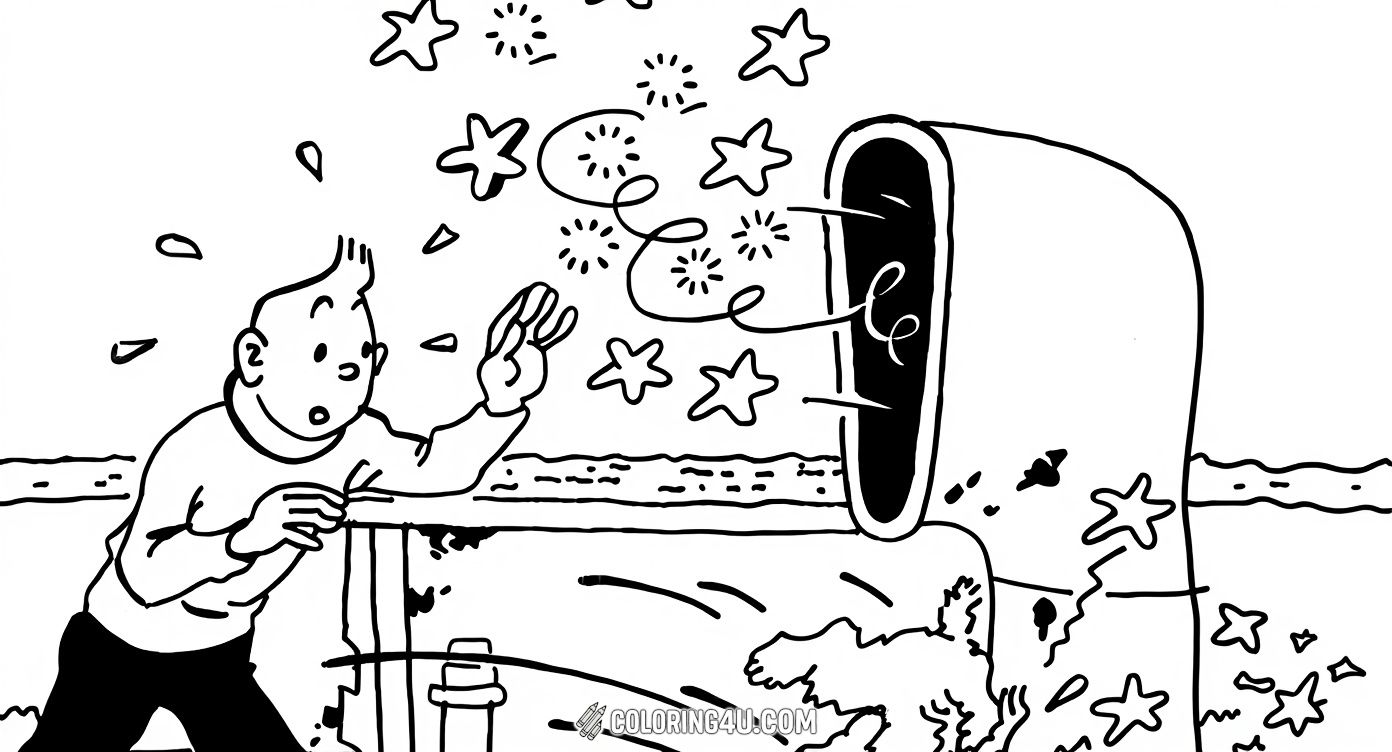 Discover a magical moment with Tintin and Snowy as stars and sparkles emerge mysteriously around them. This coloring page sparks imagination and invites kids to add colorful magic to an enchanting scene.