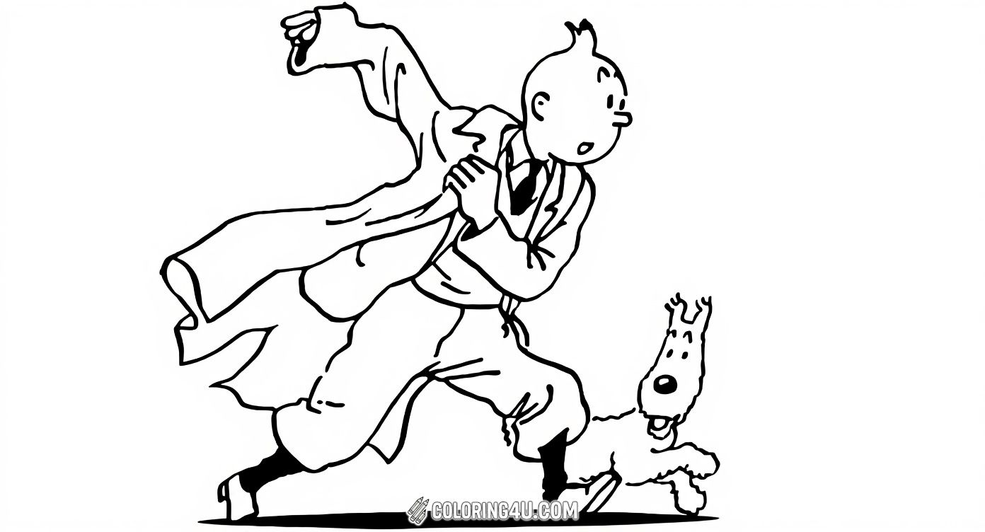 This exciting coloring page features Tintin, the brave young reporter, running alongside his loyal dog, Snowy. They look ready for an adventurous chase! Kids can bring this dynamic scene to life with their favorite colors.