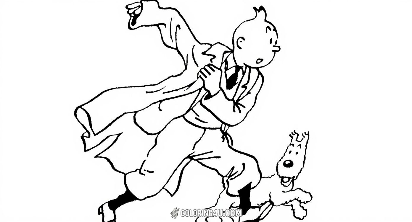 Join Tintin and his loyal dog Snowy in this exciting coloring page! Tintin is shown running swiftly, holding his coat as if he's on a thrilling adventure. Kids can have fun bringing this iconic duo to life with colors as they chase an exciting mystery together.