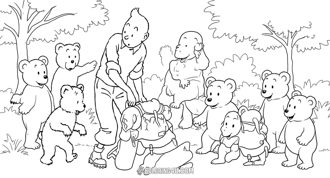 Help Tintin in this adorable coloring scene where he’s surrounded by three curious and cuddly bears! Set in the great outdoors with rocks around, this fun page invites kids to use their creativity to color the adventurous Tintin and his unexpected furry friends.