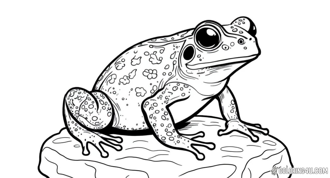 Get ready to color a beautiful, detailed toad sitting on a rock! This realistic coloring page shows the toad with its bumpy skin and big eyes, inviting kids to explore nature and practice their creativity with natural colors and patterns.
