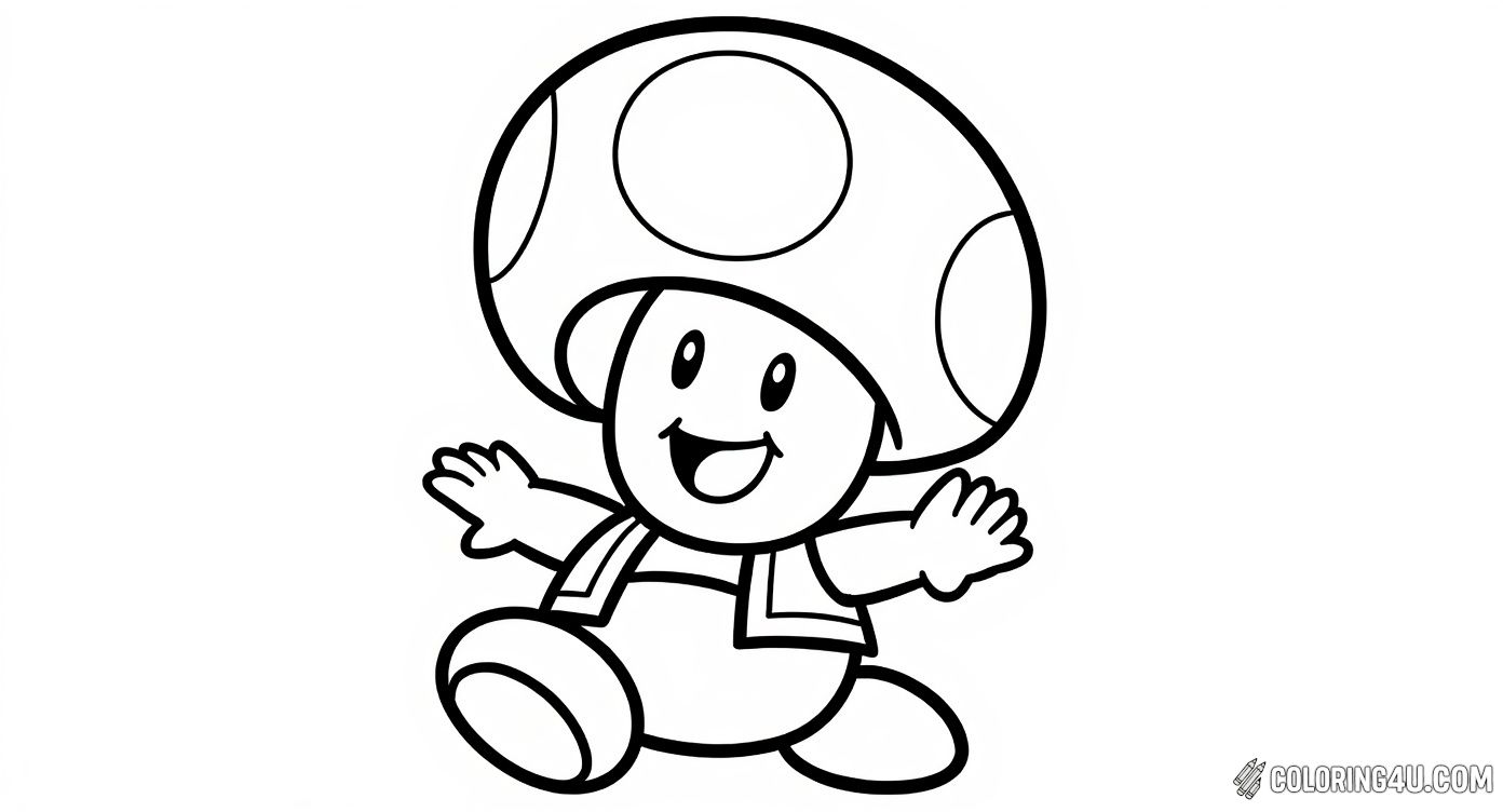 Join Toad, the cheerful character from Super Mario, in this fun coloring page! With his big spotted mushroom cap and joyful smile, Toad is ready for kids to bring him to life with vibrant colors. Perfect for fans of the beloved video game series!
