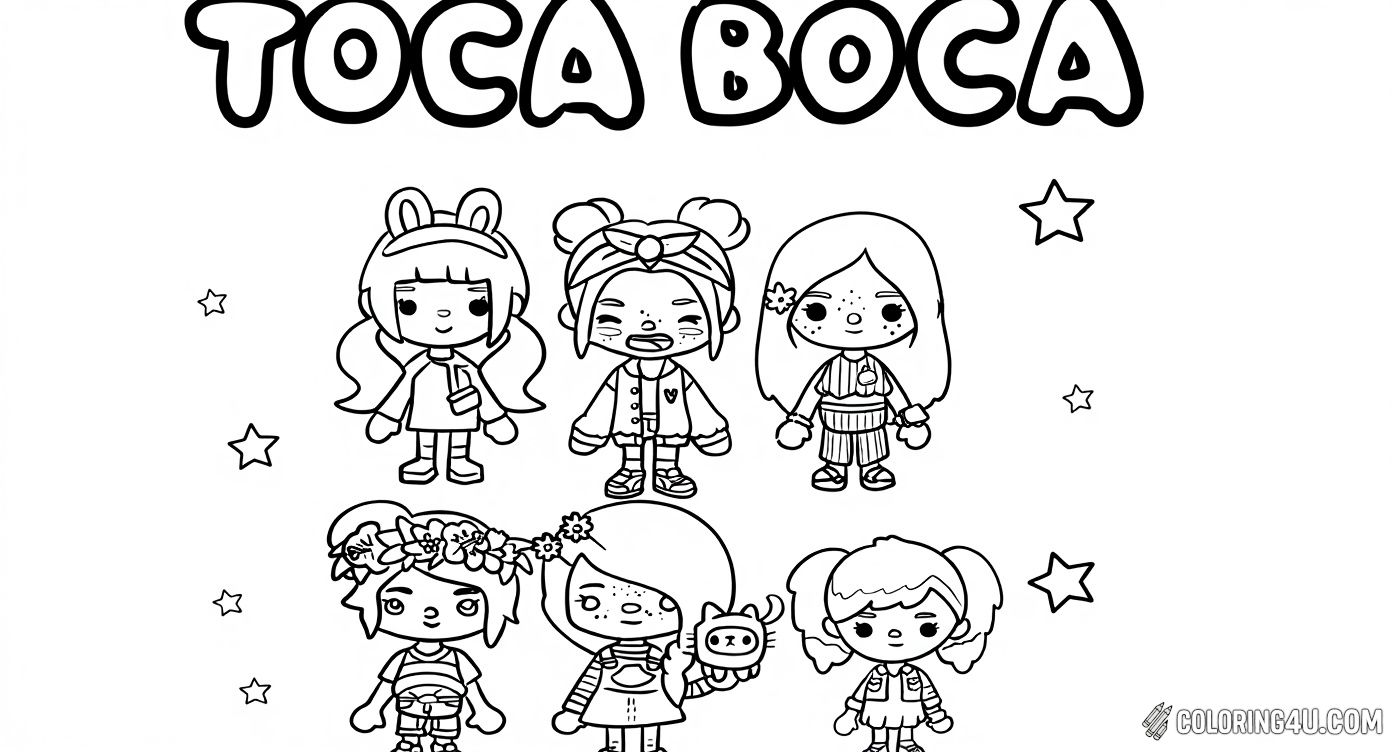 Enjoy coloring this delightful group of Toca Boca characters! Each character has a unique style, from flower crowns to fun hairstyles, and together they create a joyful scene surrounded by stars. A wonderful activity for kids to explore creativity and personality through color.