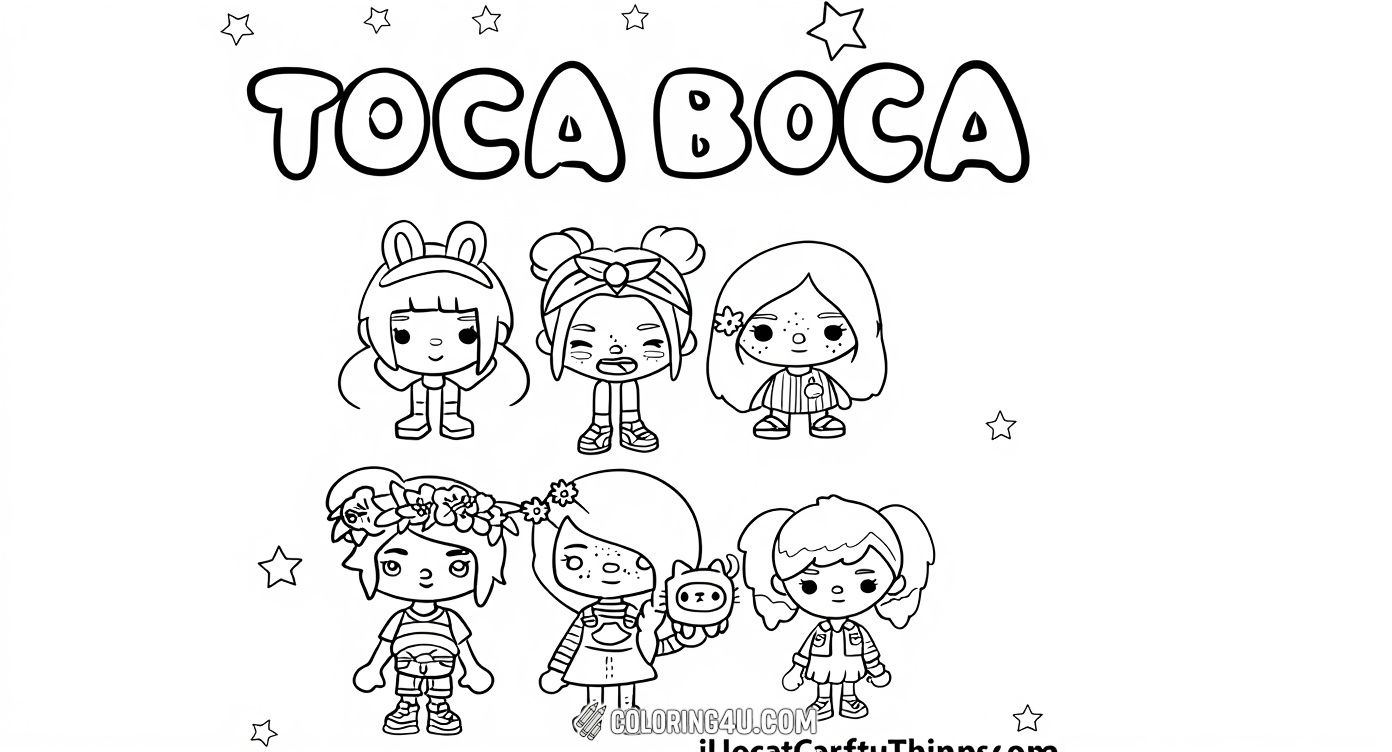 This delightful Toca Boca coloring page showcases a collection of six unique girls, each with different hairstyles and outfits. Surrounded by stars and the Toca Boca logo, this fun illustration invites kids to color and decorate each character, sparking imagination and a joyful coloring experience.