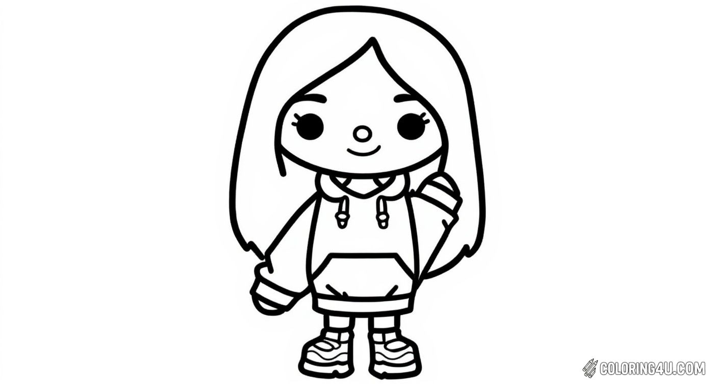 Meet a cute freckled girl from Toca Boca wearing a cozy hoodie and stylish sneakers. This adorable character is ready for some colorful fun, inviting kids to bring her to life with their favorite colors!