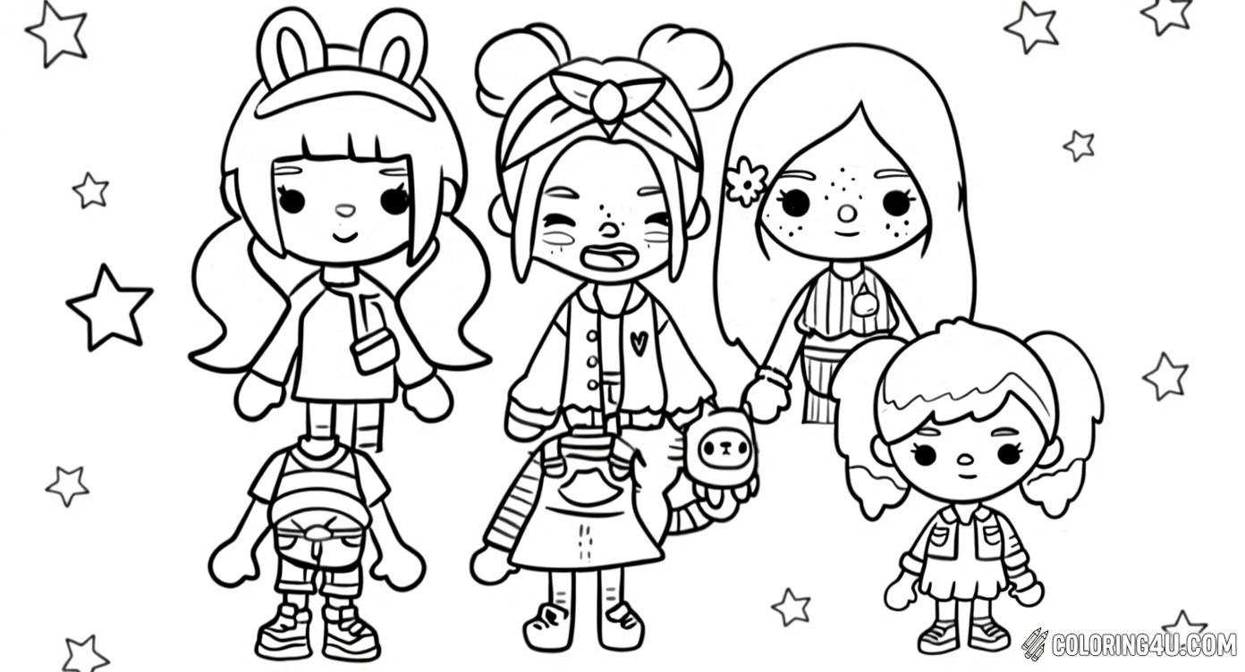 Dive into the joyful world of Toca Boca with this exciting coloring page featuring six playful characters. Surrounded by stars and the Toca Boca logo, these charming figures are perfect for kids to color and enjoy imaginative adventures.