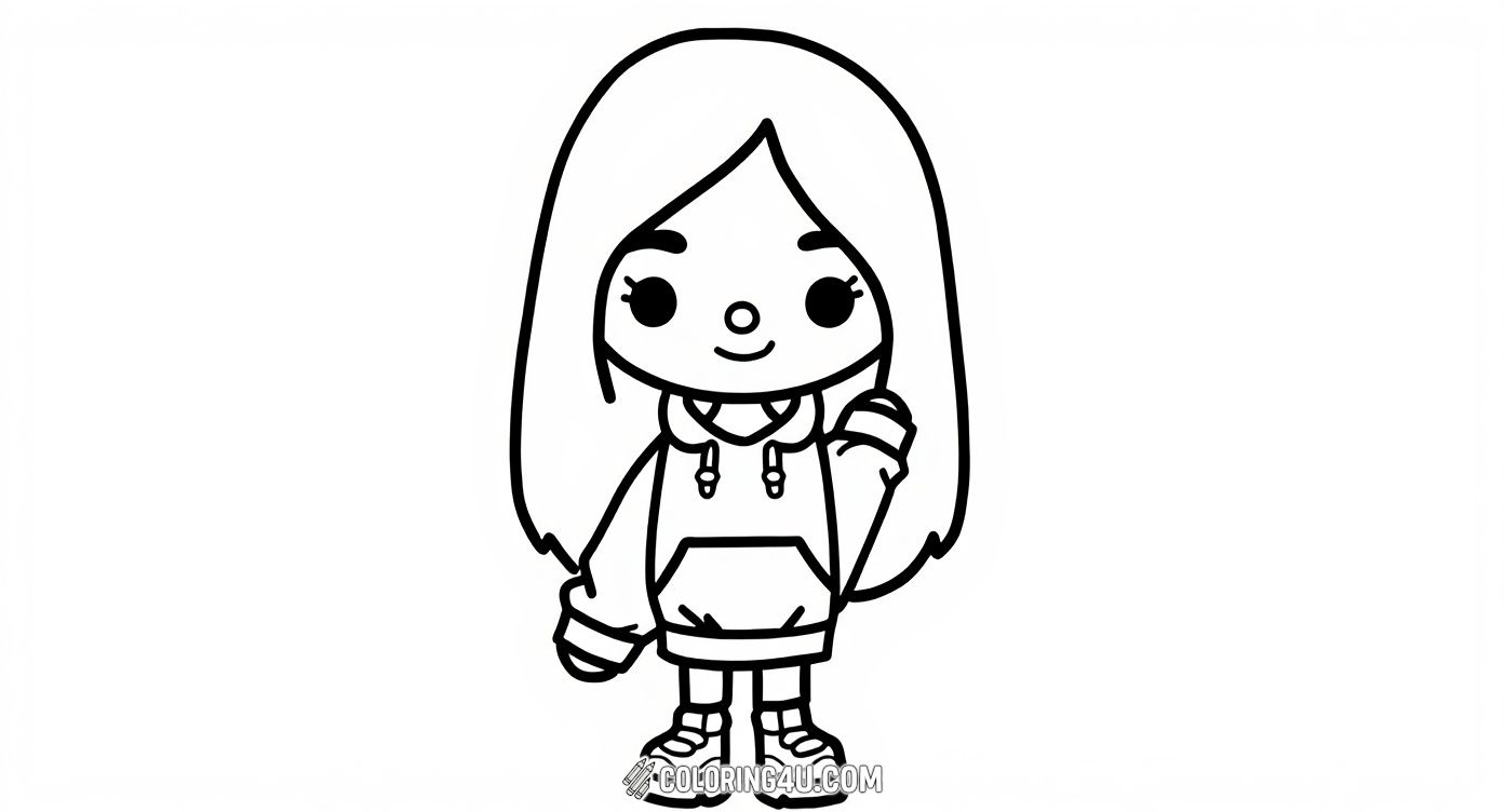 This coloring page features a charming character from Toca Life World wearing a cozy hoodie and sneakers. Kids will love bringing this cheerful girl to life with their favorite colors, exploring creativity and fun as they add color to her playful outfit and bright smile.