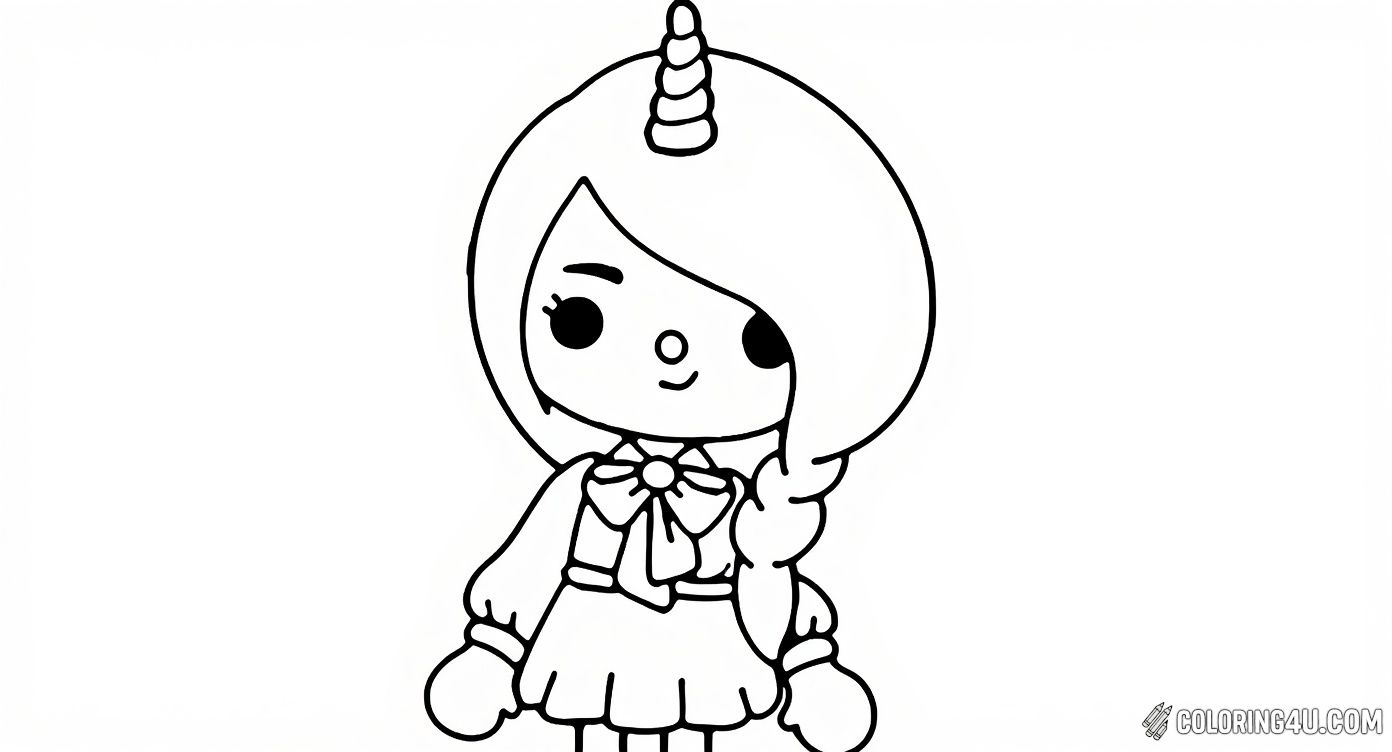 Color a magical unicorn girl from Toca Life World, complete with a lovely braid, a cute bow, and a sparkling unicorn horn. This enchanting character invites kids to explore creativity and add vibrant hues to her whimsical outfit.
