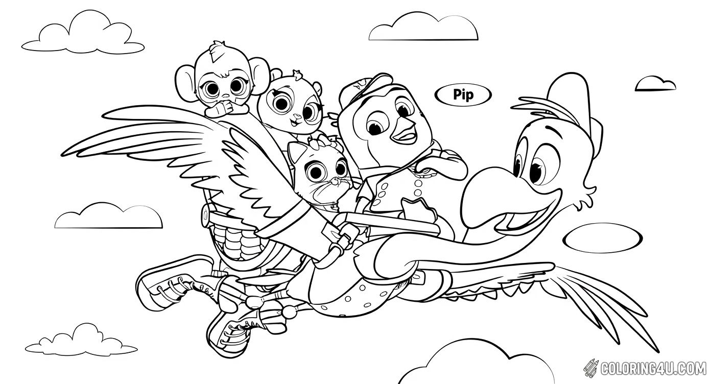 This coloring page features characters from Disney Junior's T.O.T.S., including Freddy the flamingo carrying baby animals in a basket while Pip the penguin looks on. Kids can enjoy bringing to life this fun adventurous scene with their favorite Tiny Ones Transport Service friends soaring through the sky.