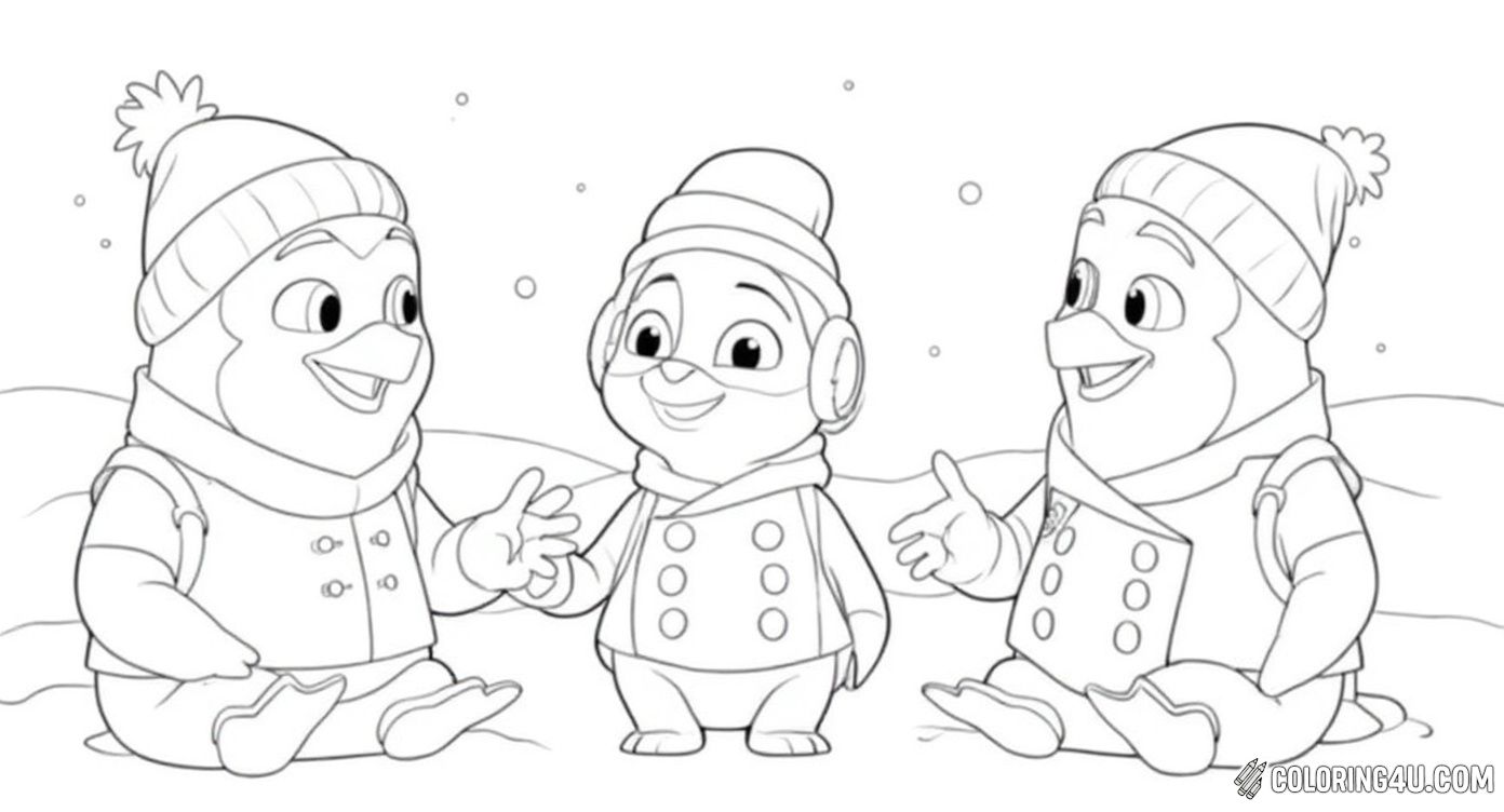 In this cozy coloring page from Disney Junior's T.O.T.S., Freddy the flamingo and Pip the penguin are happily talking as they spend time with a cute young animal wearing warm earmuffs and roller skates. Children will love coloring this friendly gathering in a charming winter setting filled with toys and fun.