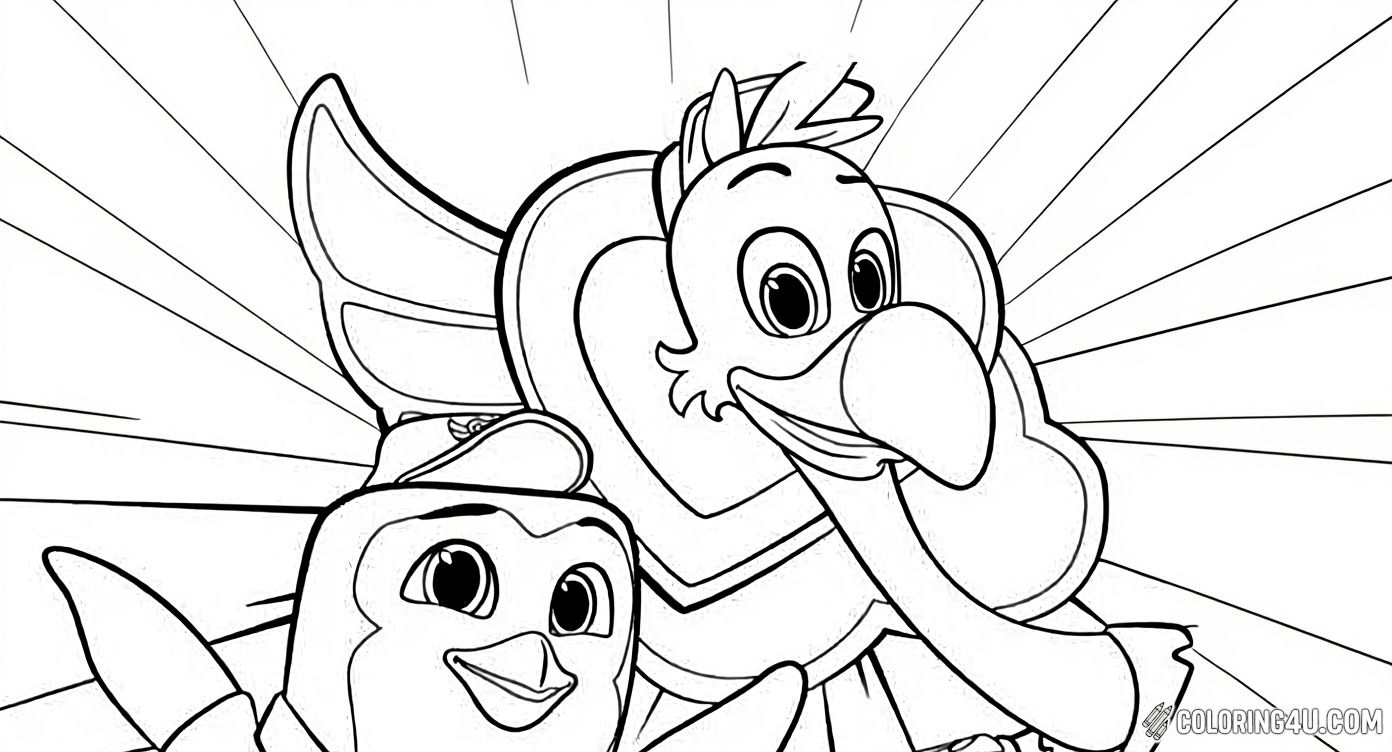 This delightful coloring page showcases Freddy the flamingo and Pip the penguin from Disney Junior's T.O.T.S. smiling together in front of a large heart and dynamic rays background. Kids can enjoy coloring these joyful characters and adding their own flair to this heartwarming scene of friendship and love.