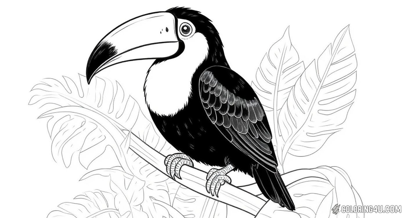 Detailed Toucan In Jungle Leaves Coloring