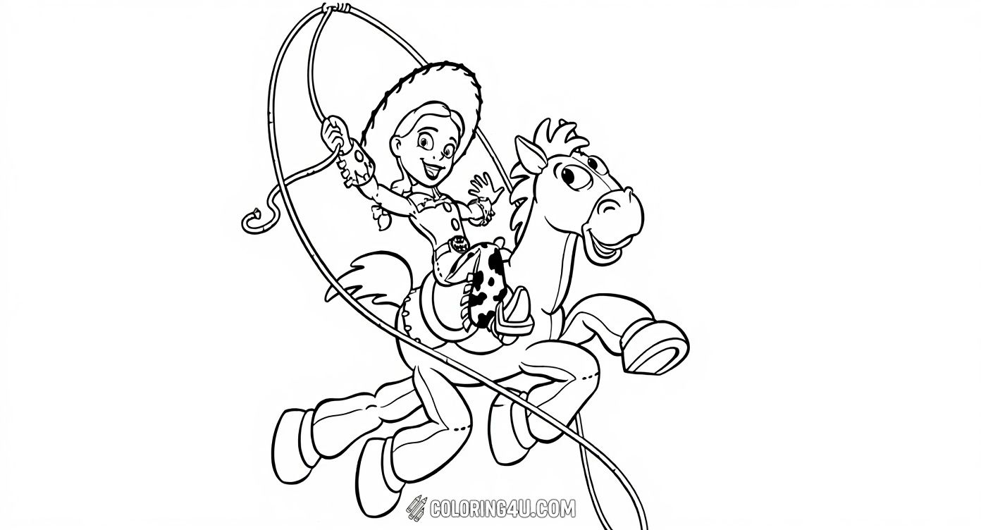 Saddle up with Jessie, the spirited cowgirl, as she rides her faithful horse Bullseye and twirls her lasso in this exciting Toy Story coloring page. Kids will love adding vibrant colors to this action-packed scene filled with energy and fun.