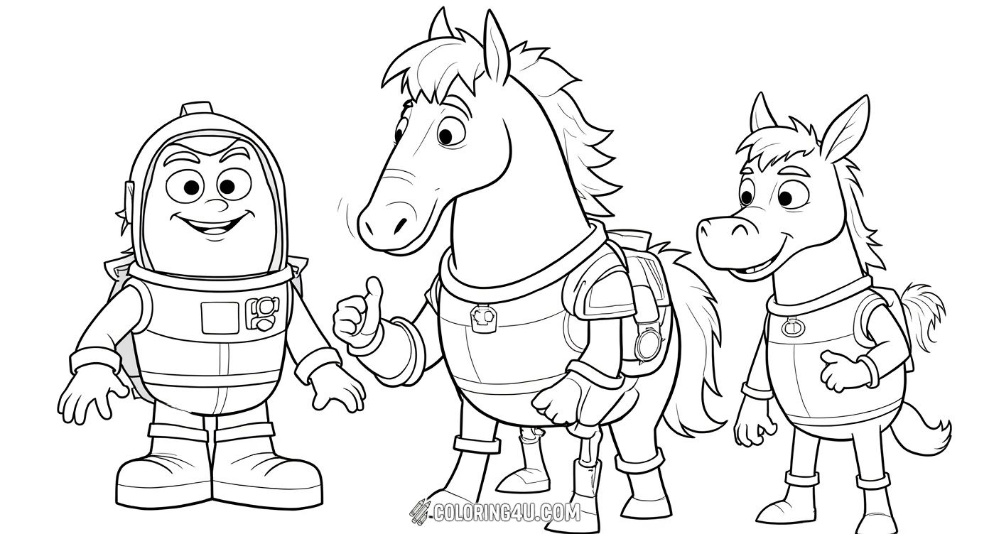 Get ready for double the fun with these Toy Story coloring pages! Color the adorable green aliens as they smile and wave, then bring Buzz Lightyear, Jessie, Bullseye, and Woody to life in their own fun comic-style panels. Perfect for imaginative kids who love their Toy Story friends!
