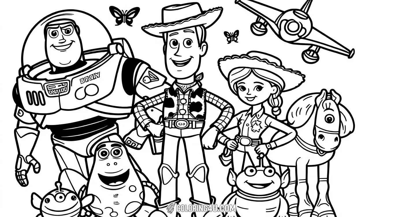 Get ready to color a fantastic group of Toy Story friends including Buzz Lightyear, Woody, Jessie, Bullseye, and even some playful aliens! This lively scene invites kids to explore a colorful world full of fun characters from the magical Toy Story movies.