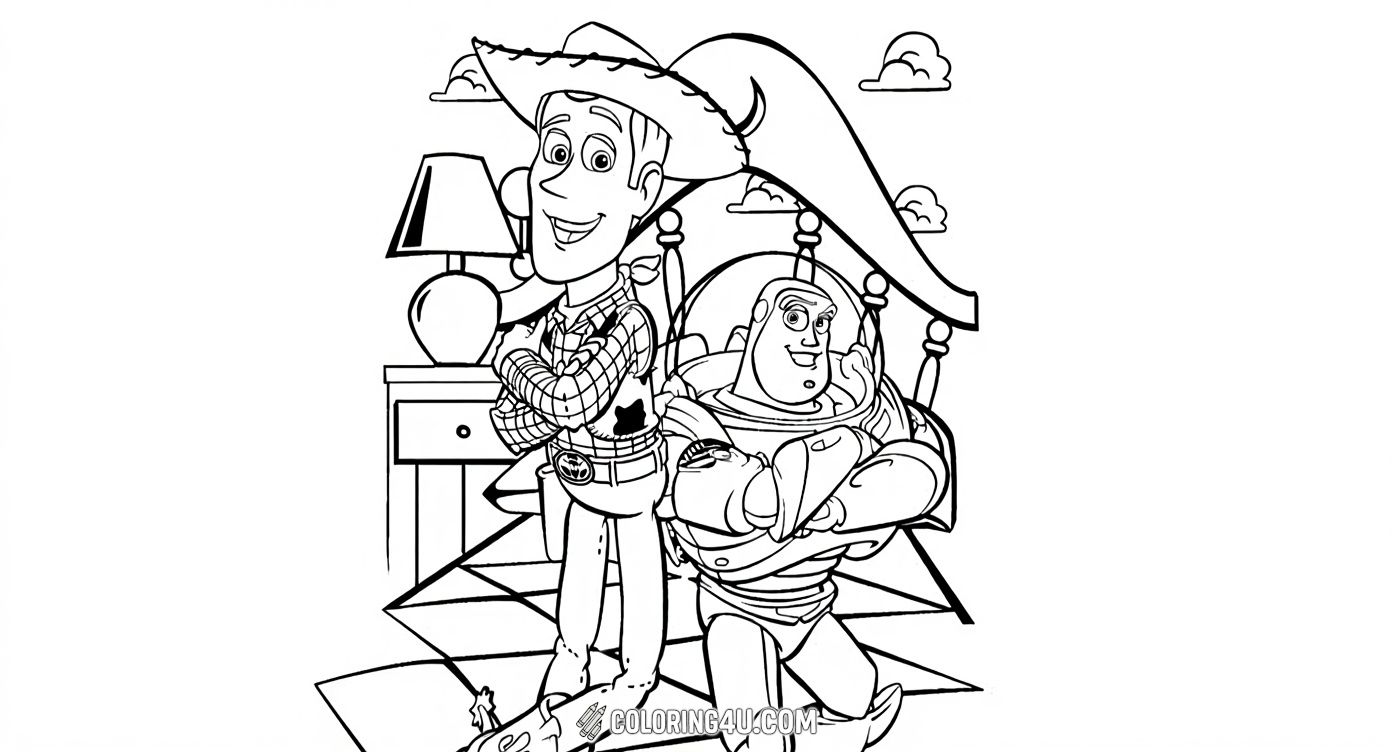 Join Woody, the friendly cowboy, and Buzz Lightyear, the space ranger, as they stand back to back ready for an adventure in this fun Toy Story coloring page. Kids can bring these favorite characters to life with their favorite colors and imagine exciting stories of friendship and bravery.