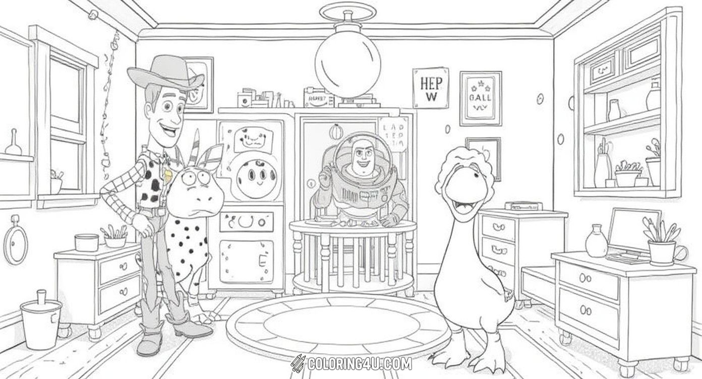 Step inside a playful Toy Story world filled with cool decorations and exciting characters! Woody, Buzz Lightyear, and some dinosaur and duck friends are ready to spark your creativity. Grab your colors and make this cozy, joyful room scene come alive with your imagination!