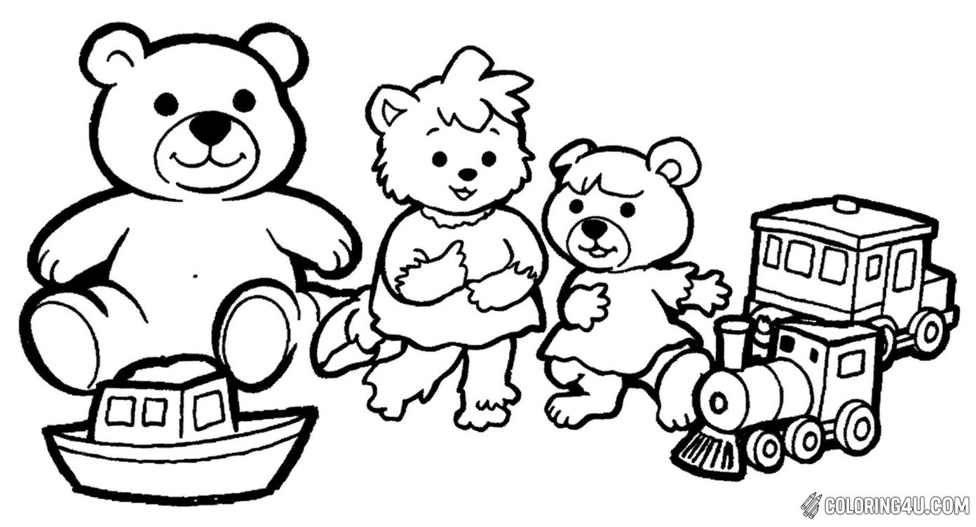 This charming coloring page features some classic toys including a teddy bear, a doll with bows in her hair, a sailboat, and a toy train. Kids can have fun bringing these timeless playthings to life with their favorite colors, sparking their imagination and creativity.