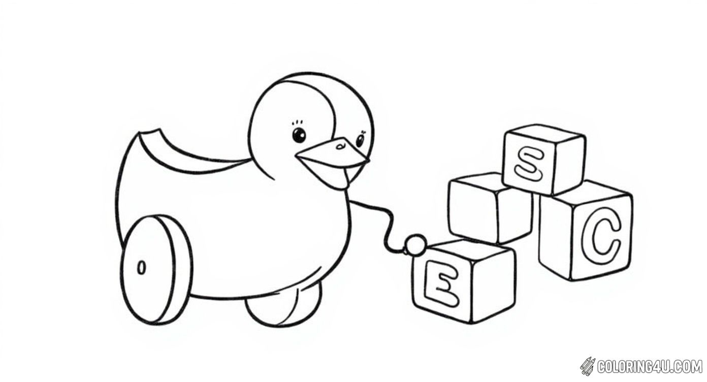 This delightful coloring page showcases a playful pull-along duck with wheels and a string, surrounded by striped balls and stacking building blocks with letters. Kids will enjoy coloring this adorable scene while imagining fun playtime adventures with their toy friends.