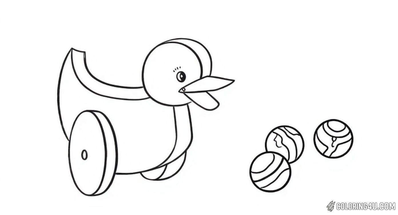 Get ready to color a playful pull-along duck surrounded by building blocks and bouncing balls. This fun image invites kids to use bright and cheerful colors to decorate a classic toy scene filled with simple joys and imagination. [source: HonkingDonkey]