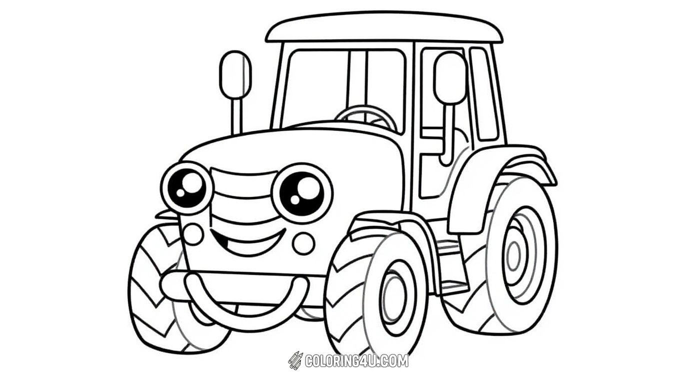 This adorable tractor coloring page features a friendly, smiling tractor with big, bright eyes. Perfect for kids who love farm vehicles, this easy-to-color image encourages creativity and fun while learning about tractors.