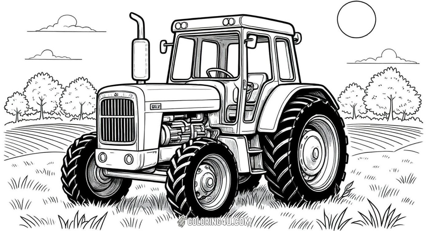 This detailed coloring page shows a classic farm tractor standing proudly in a grassy field under a sunny sky. Kids can enjoy bringing this intricate scene to life, imagining the tractor working hard on the farm.