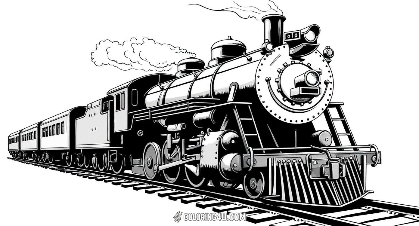 This exciting coloring page features a classic steam freight train puffing along the tracks with billowing smoke. Kids can bring this powerful and historic locomotive to life with colors as it chugs through the countryside!
