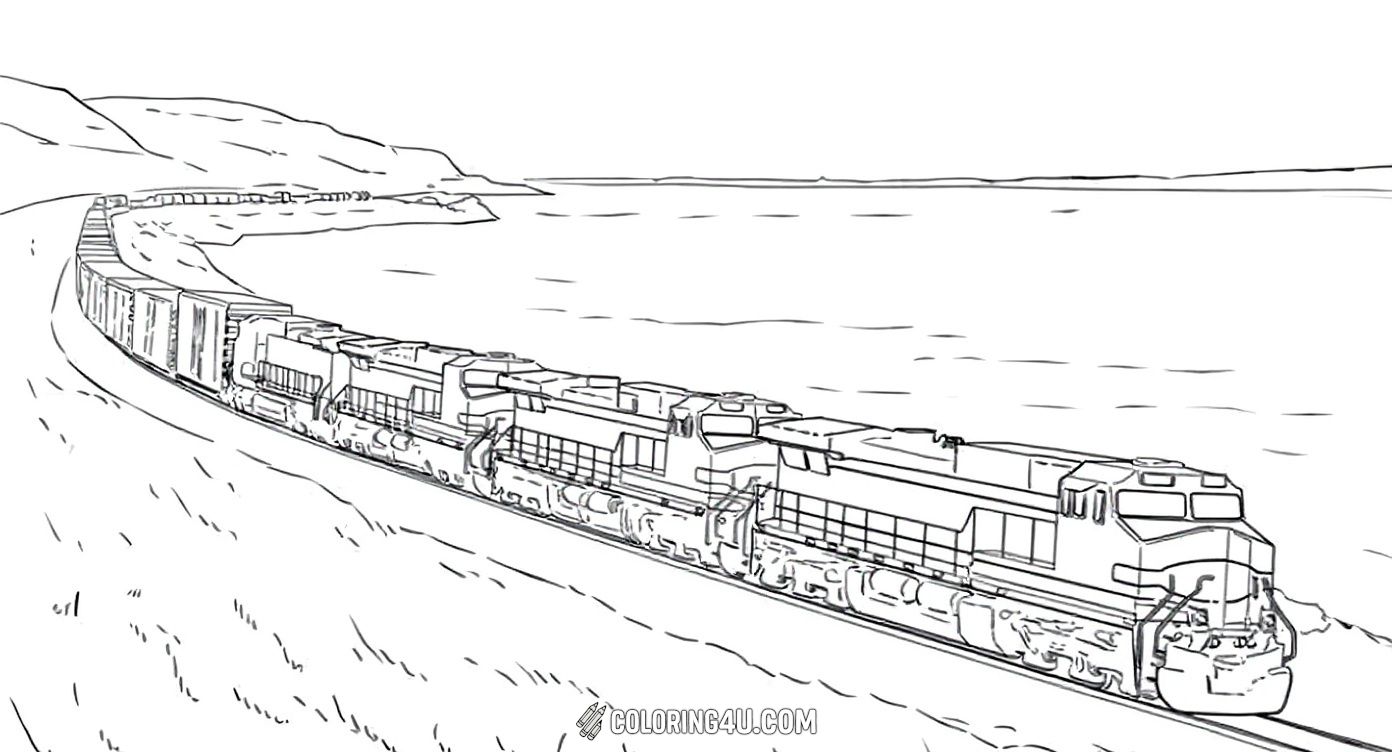 Here is a detailed coloring page showing a modern freight train winding along a scenic coastline. Kids can enjoy coloring the long train cars and the beautiful natural surroundings as this powerful engine makes its journey.