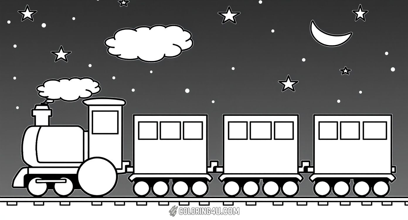 Enjoy coloring this charming depiction of a classic steam train pulling several carriages under a night sky filled with stars, a crescent moon, and fluffy clouds. This simple and inviting scene is perfect for kids to explore colors and enjoy a peaceful train ride adventure.