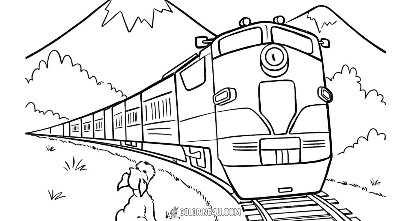 In this charming coloring scene, a train travels down the tracks with tall mountains in the background. A curious little rabbit watches the train pass by. Kids will love adding color to this peaceful landscape and the friendly wildlife!