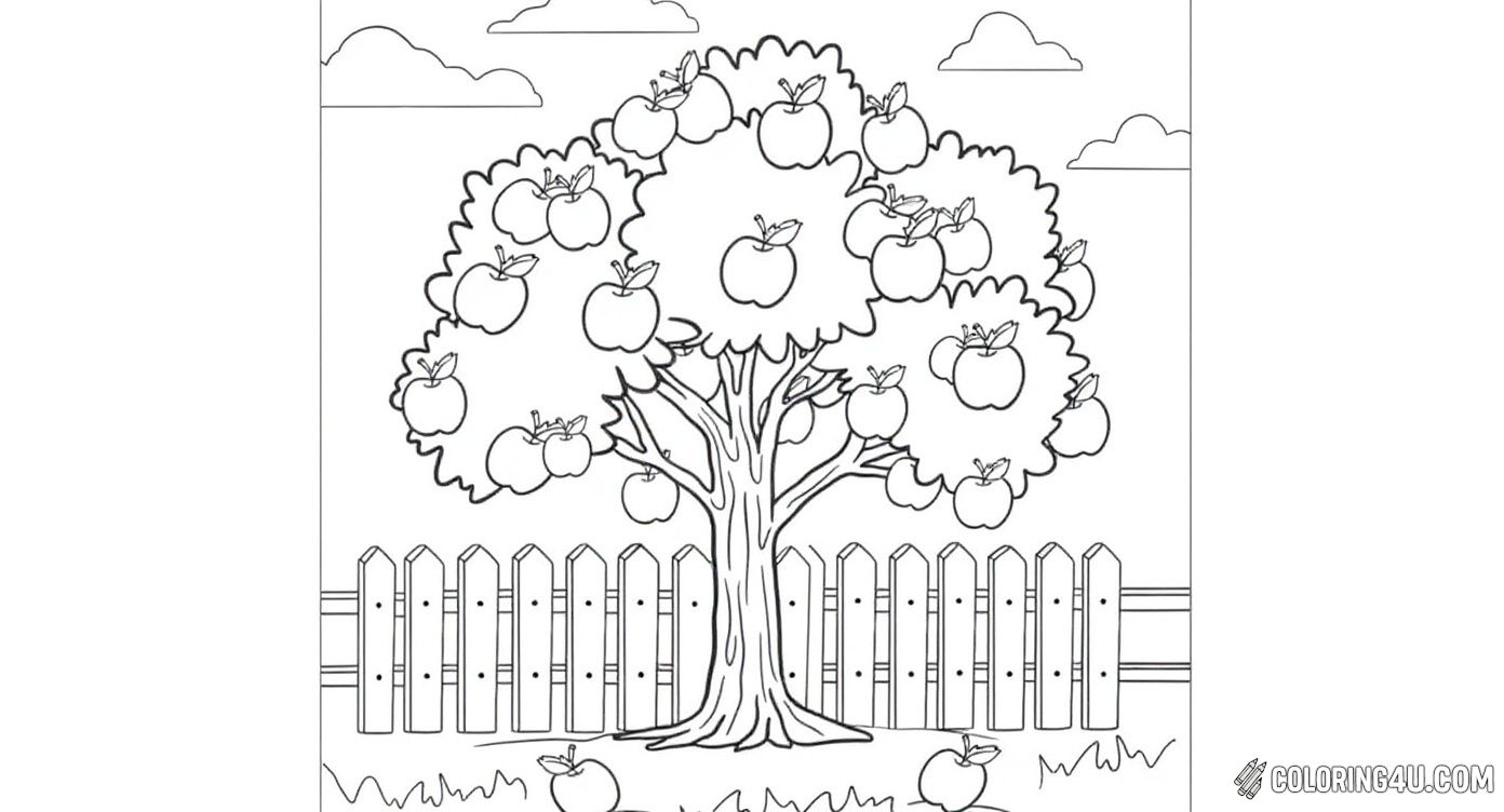 Apple Tree With Fence Coloring Page