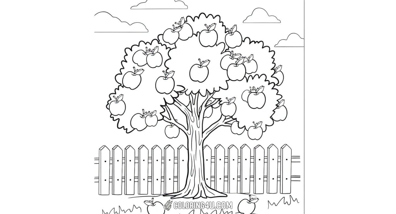 This delightful coloring page features a charming apple tree full of ripe apples surrounded by a wooden fence and fluffy clouds in the sky. Kids can enjoy coloring the apples, tree leaves, trunk, and the peaceful garden setting, making it a fun and engaging outdoor nature scene.