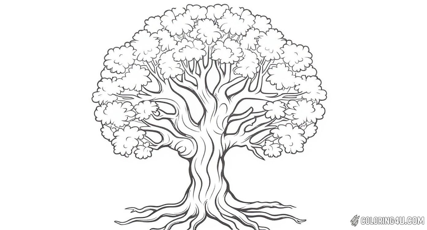 Here is a beautifully detailed coloring page showcasing a large tree with a thick trunk and abundant leafy branches thriving. Children will enjoy filling in the intricate patterns of the leaves and the texture of the bark, making this a fun and engaging artistic activity.