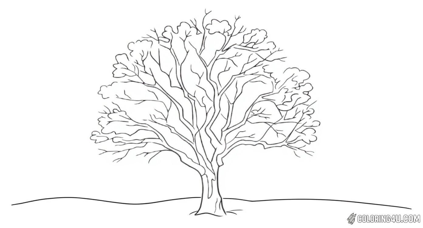 This winter-themed coloring page shows a bare tree with intricate, leafless branches stretching in every direction over a simple snowy landscape. It's perfect for kids to explore cool winter colors as they color the peaceful scene and imagine the quiet beauty of the season.