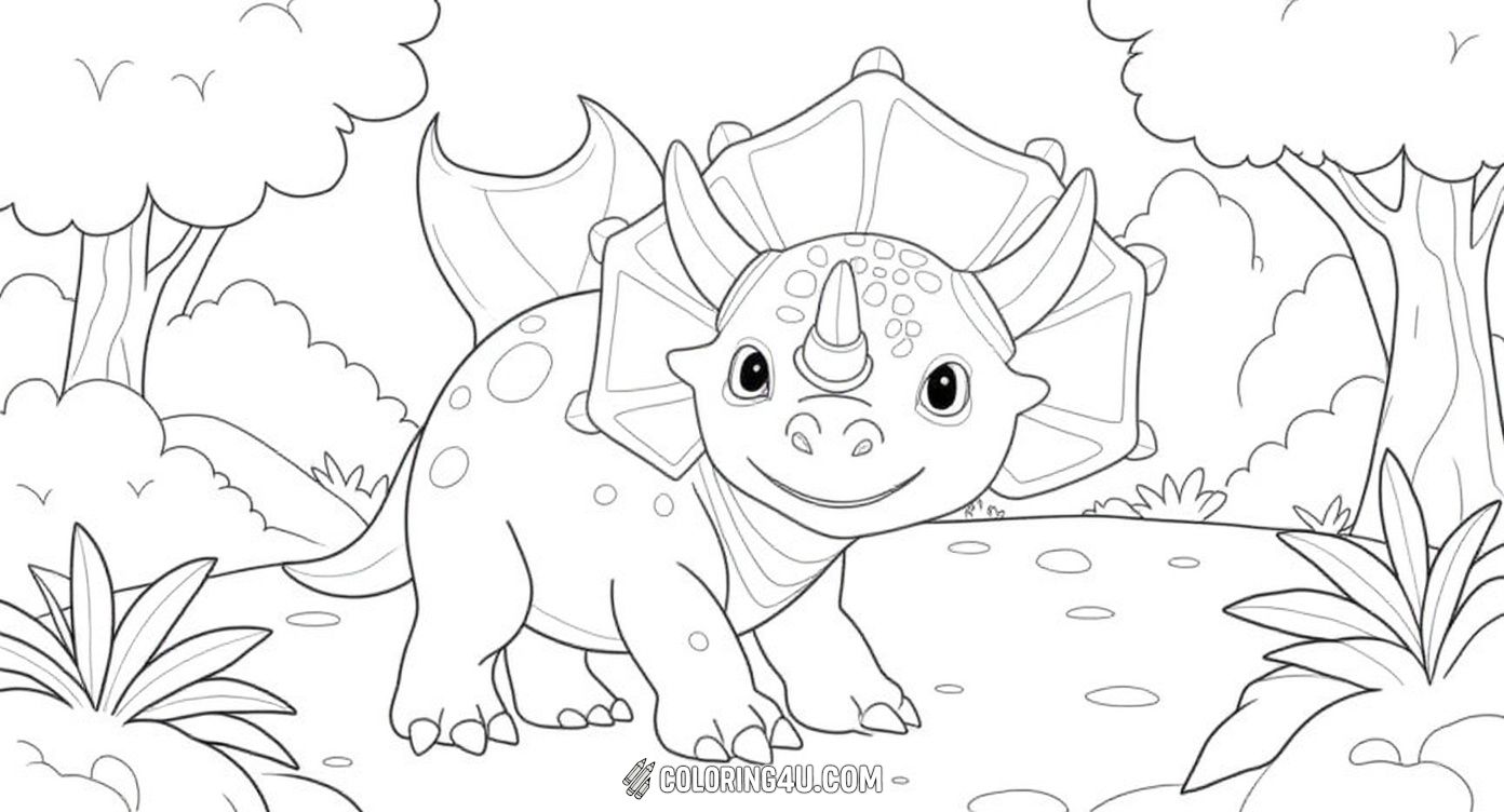 Discover a super cute triceratops surrounded by trees and plants in this charming coloring page. The dinosaur has big, expressive eyes and a friendly smile, inviting kids to add colors to this peaceful forest scene and imagine the dinosaur’s adventures.