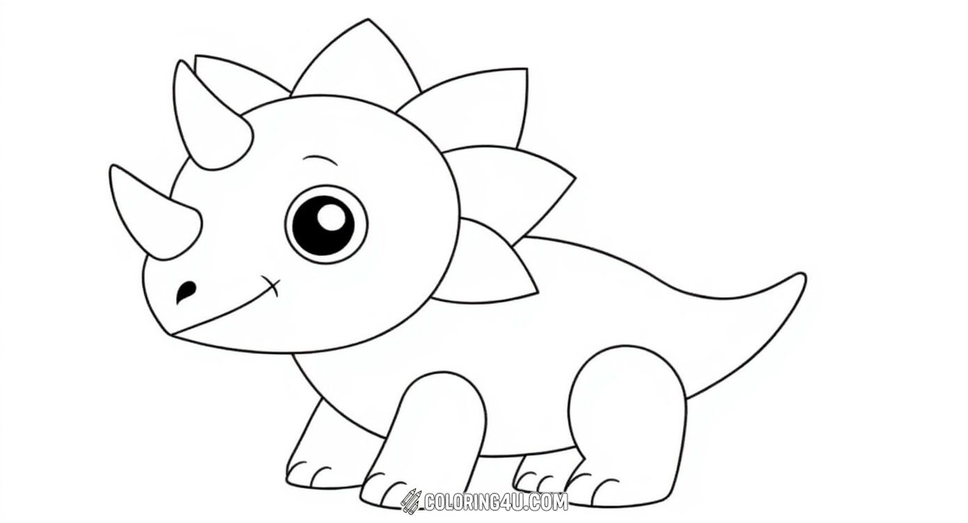 Join in the fun of drawing and coloring with this simple step six illustration of a cartoon triceratops. Its round shapes and smiling face make it perfect for young children who want to practice coloring while learning how to draw a dinosaur.