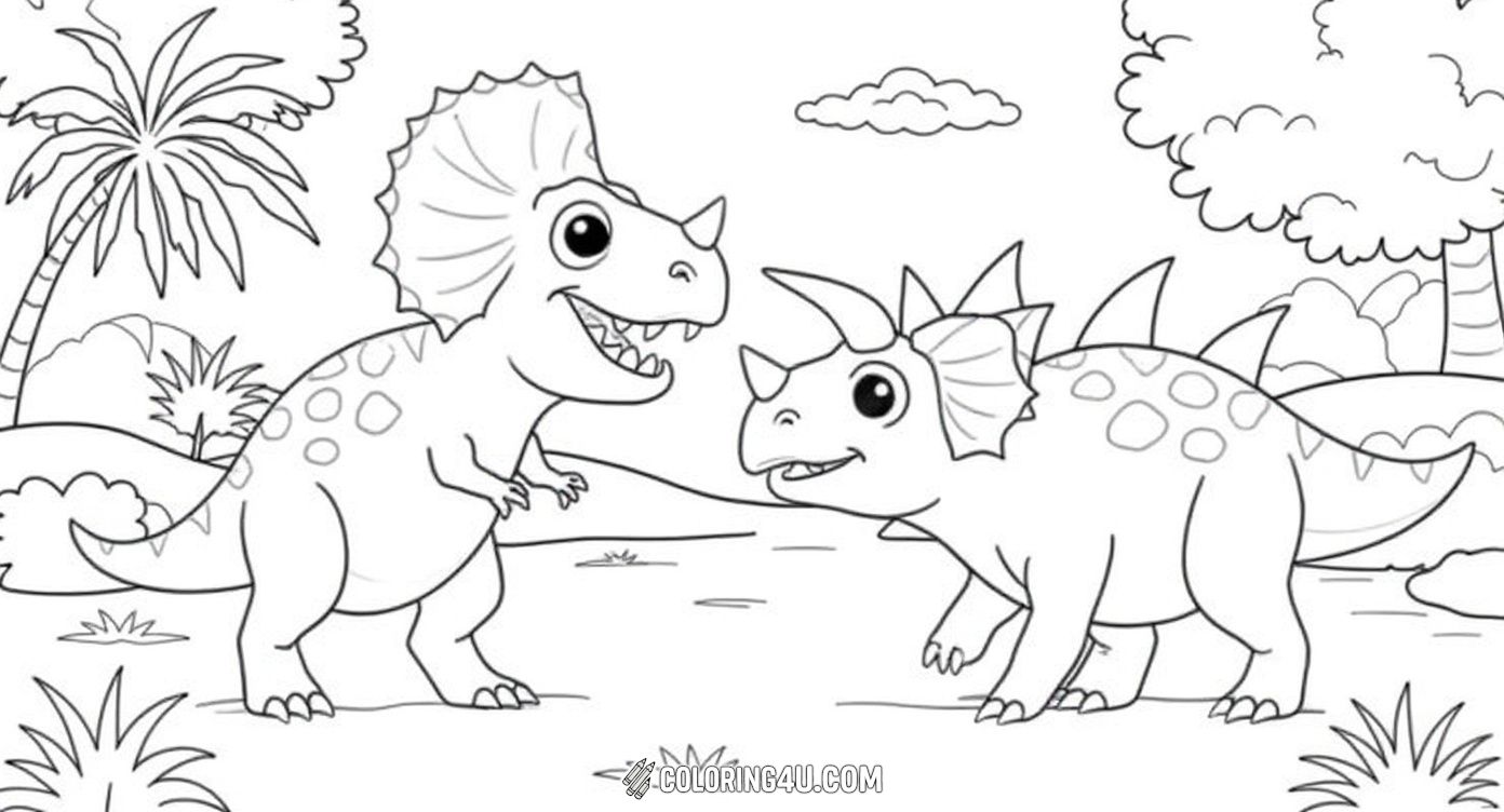 This exciting coloring page shows a friendly triceratops being chased by a playful T-Rex in a prehistoric landscape with trees, a volcano, and a flying pterodactyl overhead. Kids will love bringing this lively dinosaur chase to life with their creativity!