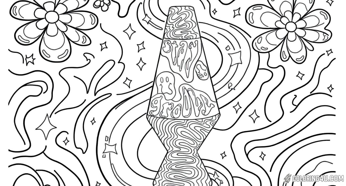 Dive into a world of swirling shapes with this groovy lava lamp coloring page! Surrounded by whimsical flowers, shining stars, and wavy patterns, this image invites kids to bring out their brightest colors and create a magical, vibrant scene full of flowing fun.