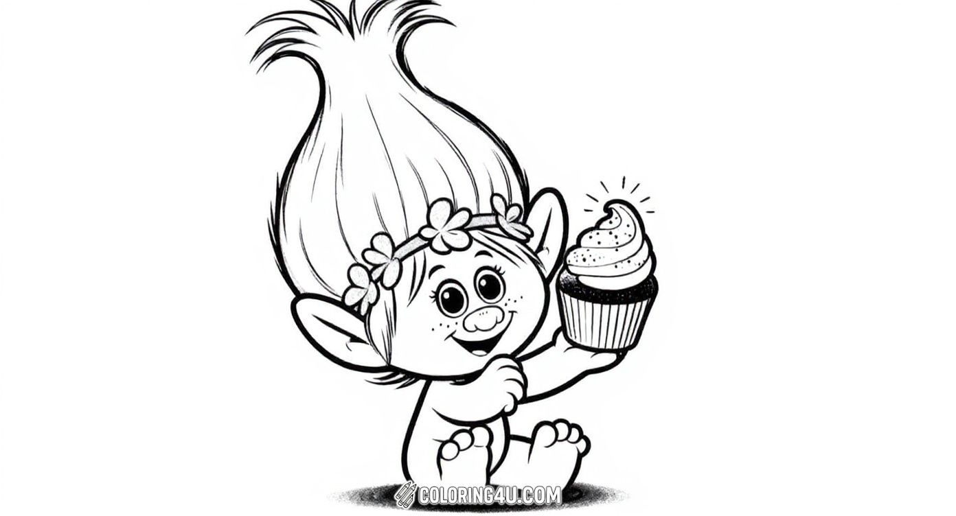 This delightful coloring page features a cheerful little troll with big, bright eyes and a flower crown, happily holding a yummy cupcake. Kids will love coloring the troll’s spiky hair and the delicious cupcake frosting, bringing this joyful character to life!
