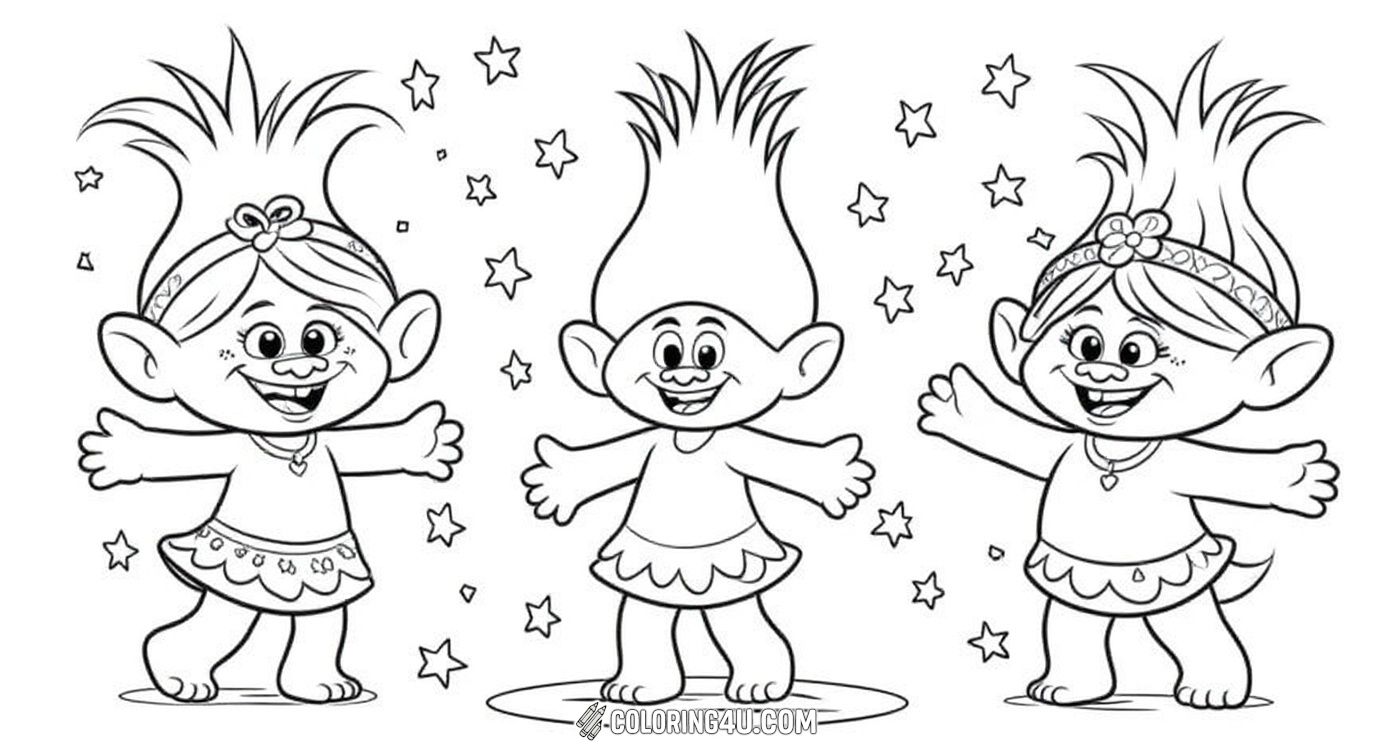 Join this fun group of happy Trolls as they dance and smile! With their tall, wild hair and cheerful faces, these playful friends invite kids to color their world full of joy and magic. Perfect for little artists who love lively characters and fun scenes!