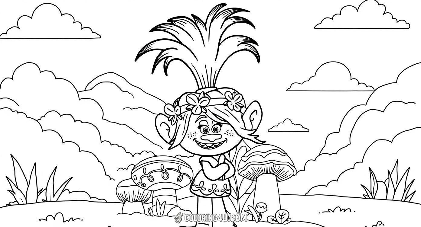 Meet Poppy, the cheerful Troll with a flower headband, standing confidently in a magical mushroom-filled landscape. This charming coloring page invites kids to add their favorite colors to Poppy’s hair and outfit, and to bring the whimsical forest background to life!