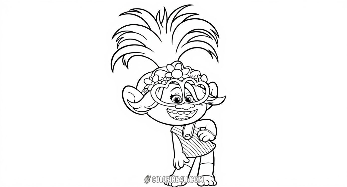 Meet Quenn Poppy from the Trolls 2 World Tour movie in this fun and lively coloring page! Quenn Poppy is wearing her signature heart-shaped glasses and a flower crown, ready for a musical adventure. Children can enjoy adding vibrant colors to her playful outfit and unique hairstyle.
