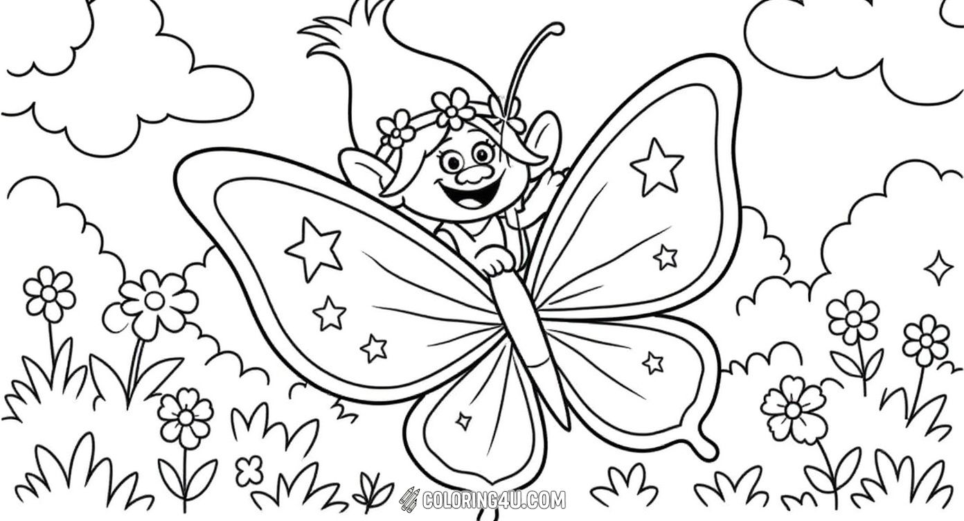 Here’s a magical coloring page showing a happy troll riding a large butterfly through a beautiful garden filled with flowers, trees, and mushrooms. It’s a perfect scene for kids to explore their creativity by coloring the troll’s joyful expression, the butterfly’s sparkling wings, and the charming nature surroundings.