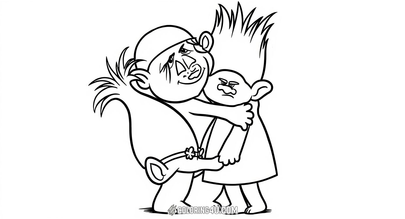 Color a sweet moment between Poppy and Branch, two best Troll friends from the Trolls movie! Poppy gives Branch a big hug under the Trolls logo, showing their special friendship. Kids will love bringing these lovable characters to life with bright and happy colors.