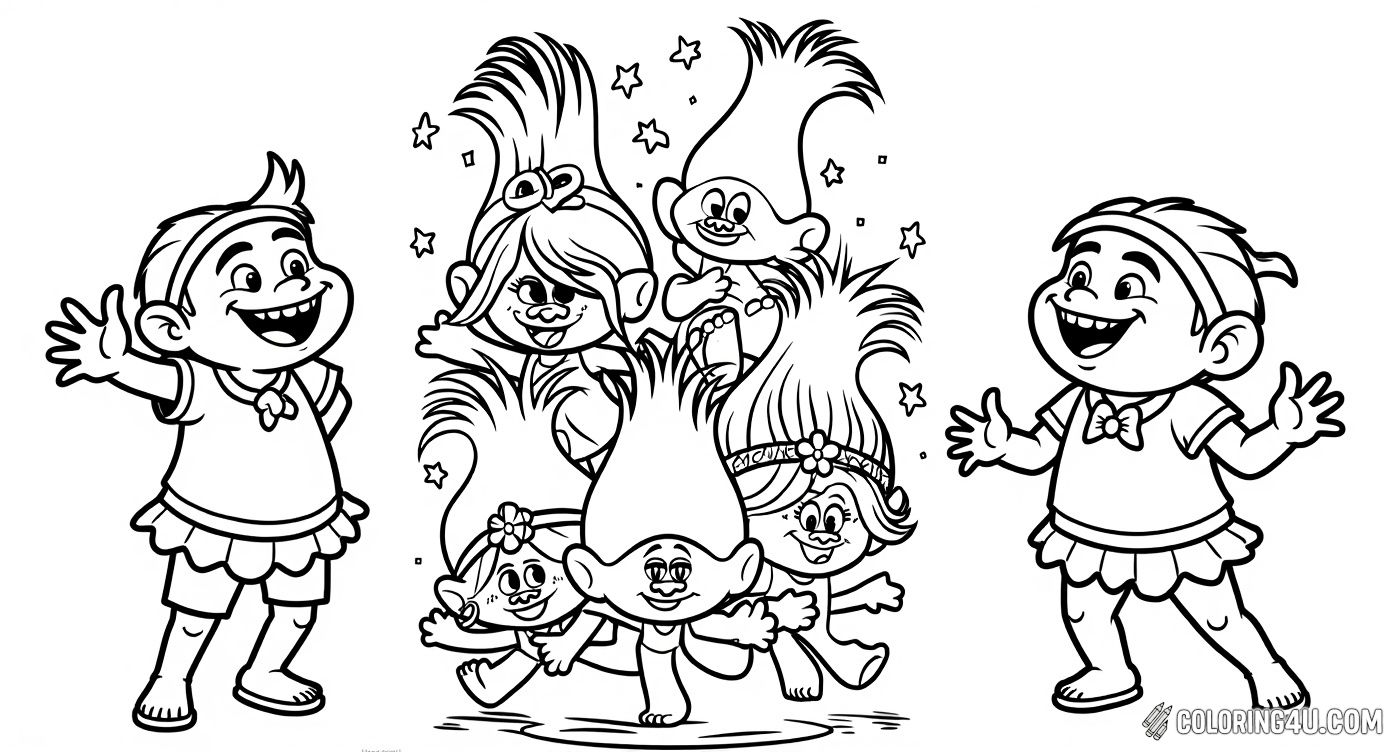Printable coloring page of Trolls World Tour Group Dancing Characters from the Trolls category.