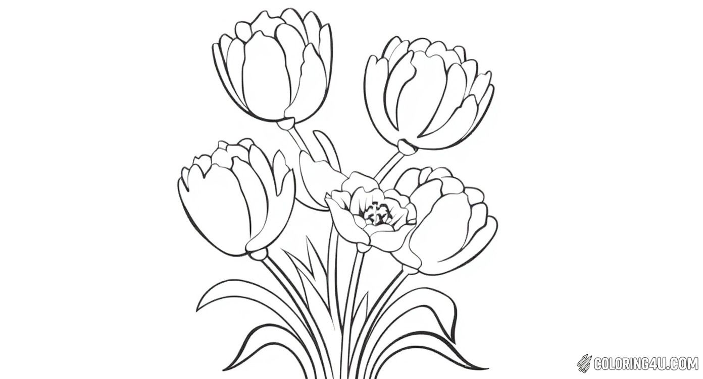 This cheerful coloring page features a lovely bouquet of tulips with the word 'TULIPS' in bold letters below. It's a fun and simple design perfect for kids who love spring flowers and want to practice their coloring skills with bright, happy colors.