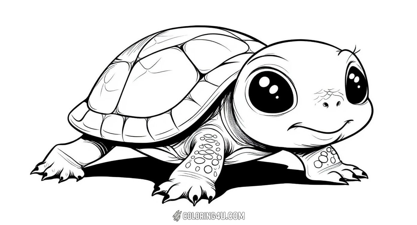 Meet an adorable baby turtle with big, sparkling eyes ready for coloring! This cute little hatchling is full of charm and invites kids to use their imagination to add soft and playful colors to this sweet turtle’s shell and surroundings.