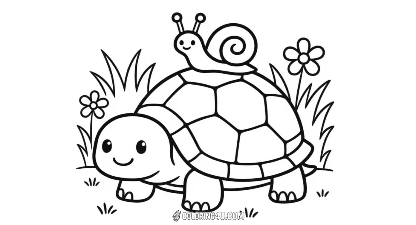 This adorable coloring page features a happy cartoon turtle walking with a smiling snail on its back surrounded by flowers and grass. It's perfect for kids to color and bring this charming nature scene to life!